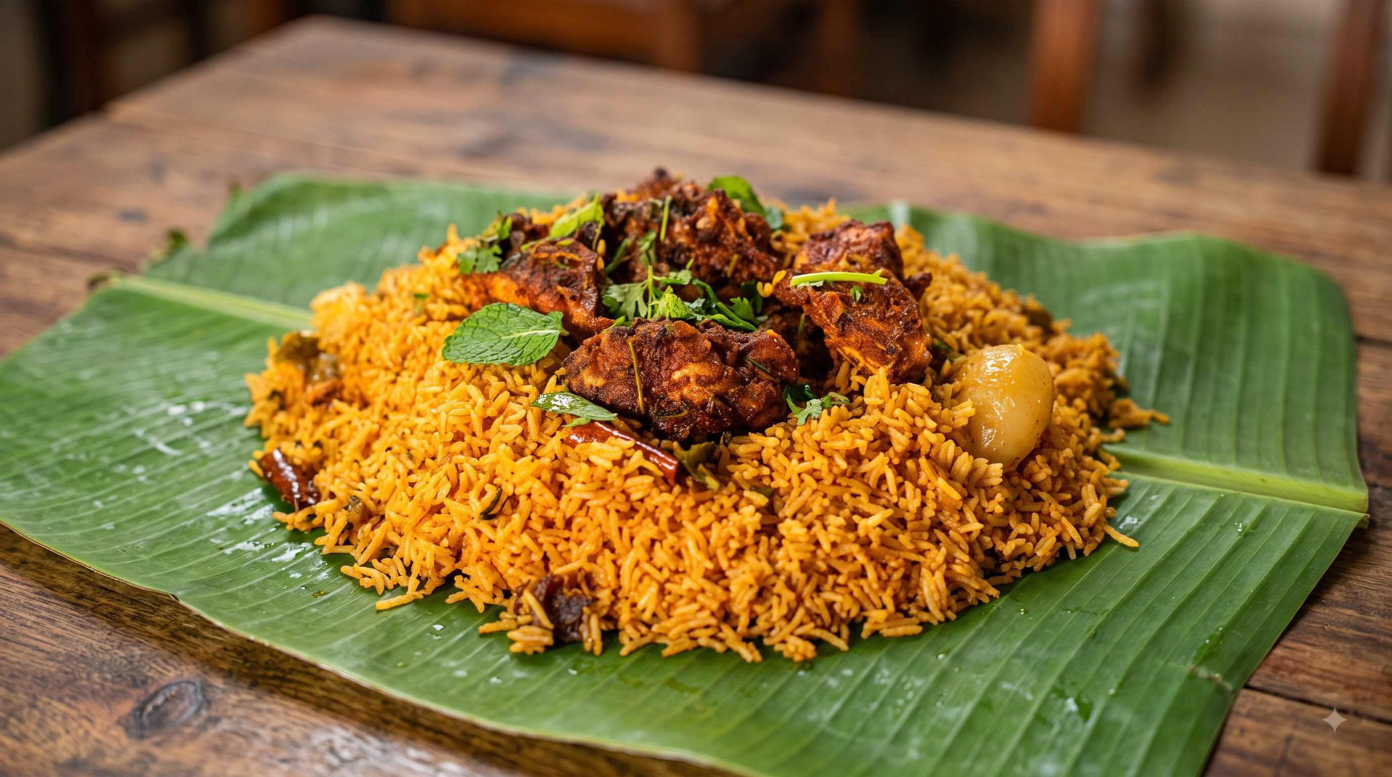 Chicken fry biryani on banana leaf