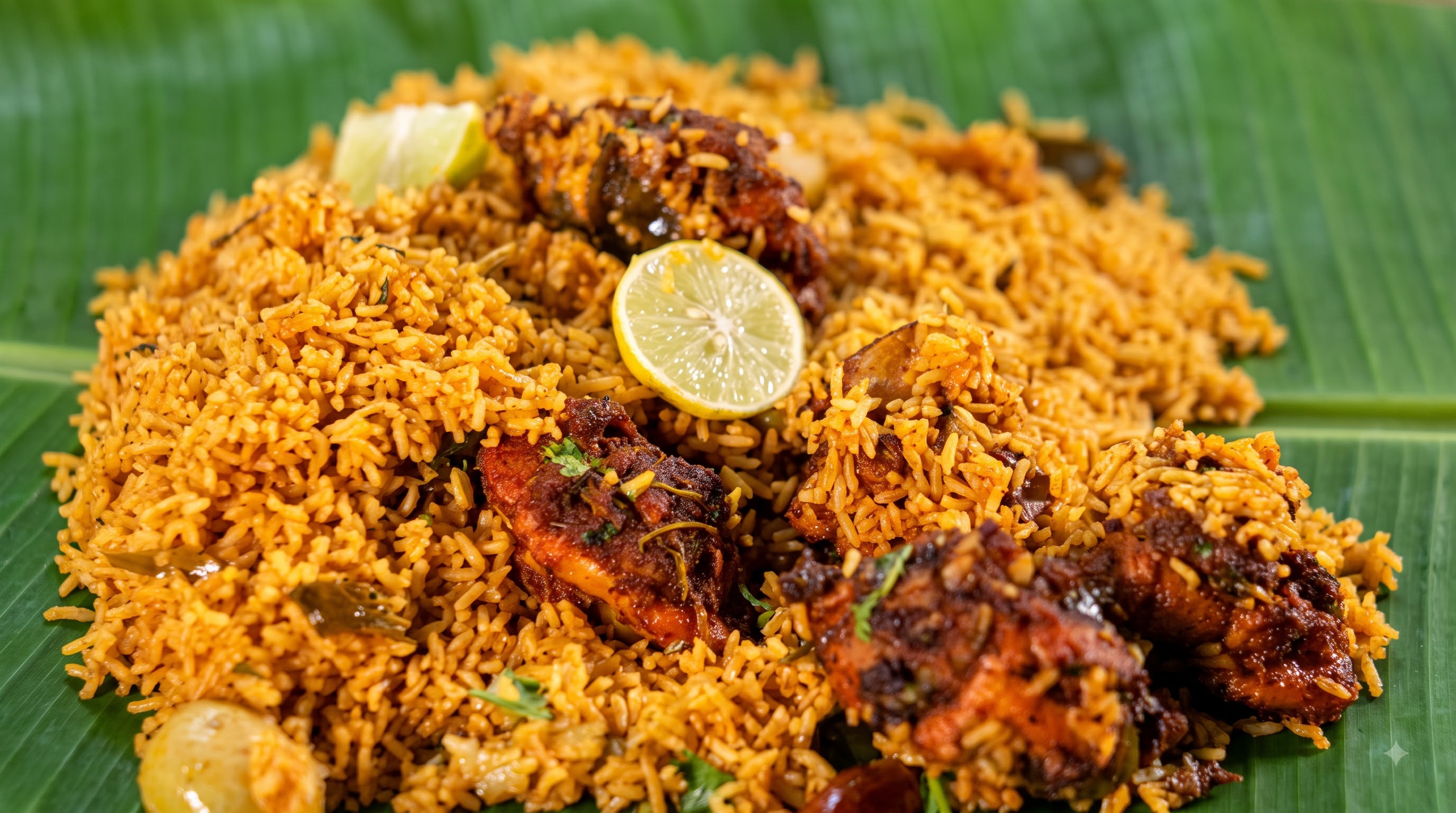 Mixed dum biryani on banana leaf